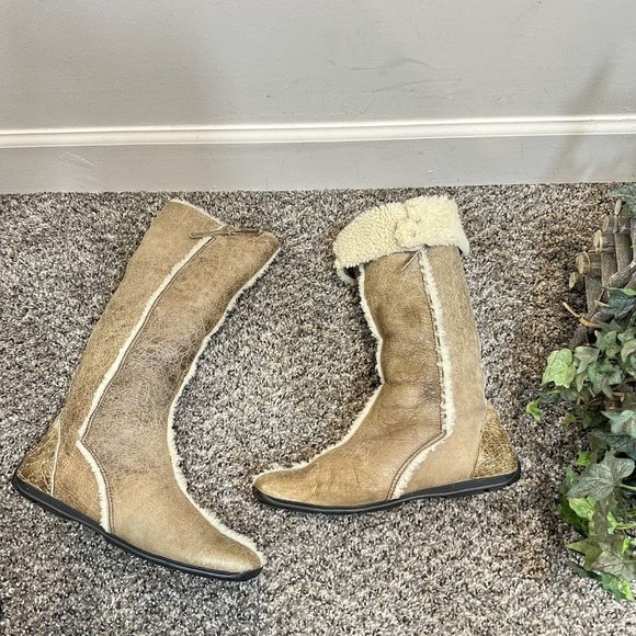 Prada Shoes - Prada Shearling Lined Distressed Leather Tall Boots Fold-over Tan Size 37 US  7